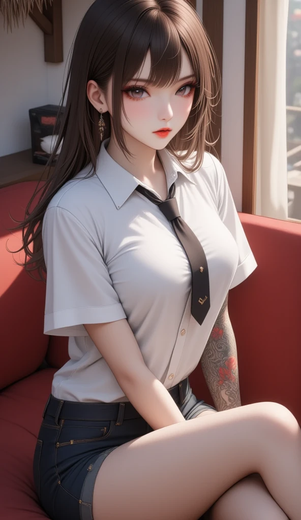 ultra realistic 8k cg, picture-perfect face, flawless, clean, masterpiece, professional artwork, famous artwork, perfect face, beautiful face, beautiful eyes, ((perfect female body)), solo,(immersive atmosphere, chiaroscuro:1.5,bright light:1.2,luminous lighting)
,,(blush:0.5),seductive expression,extremely detailed_eyes,thick thighs,large breasts,
beautifully detailed background,depth of field,realistic:1.3, long shot,1girl,shirt,pleated skirt, school uniform, sitting, full body,
(ambient light:1.3),(cinematic composition:1.3),(neon lights:0.1),(HDR:0.1),Accent Lighting, white pantyhose,