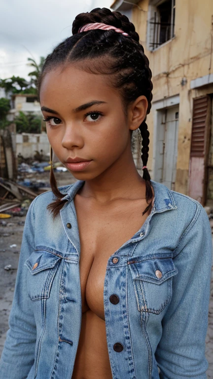 1 busty petite Haitian woman, close up, face focus, looking at camera, dark brown skin, anorexic, petite body, nubile, cute face, big nose, posing for picture, perfect lips, fat lower lip, slutty whore clothes, dirty dusty clothes, standing by a bombed out building, black African braided hair