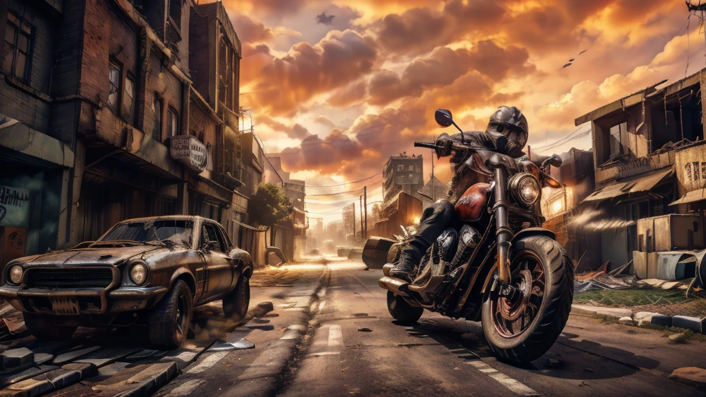 Werewolf, with black fur, with an extremely aggressive expression, goes at full speed on his Harley Davidson, he wears a black leather jacket, black jeans and Texan boots, he goes at full speed along a futuristic route, on both sides of the road you can see neon signs thrown away and wrecked cars, in the background a city destroyed by war with collapsed buildings and smoke rising to a reddish sky at dawn. Post-apocalyptic style landscape. Carl Larsson, Hyperrealism, depth of field, cinematic lighting, retina, masterpiece, anatomically correct, textured skin, super detail, high quality, award winning, 16k