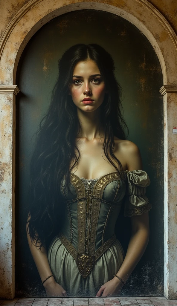 Sexy magician, long black hair, corset, miniskirt,perfect ass, stockings, eroticism, sexy, (best quality,4k,8k,highres,masterpiece:1.2),ultra-detailed,(realistic,photorealistic,photo-realistic:1.37),intricate details,vivid colors,sharp focus,professional,Dave McKean artwork, oil touch of surrealism,oil painting style,portrait,woman
