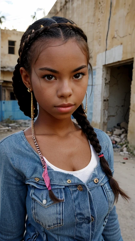 1 busty petite Haitian woman, close up, face focus, looking at camera, dark brown skin, anorexic, petite body, nubile, cute face, big nose, posing for picture, perfect lips, fat lower lip, torn rags clothes, dirty dusty clothes, standing by a bombed out building, black African braided hair