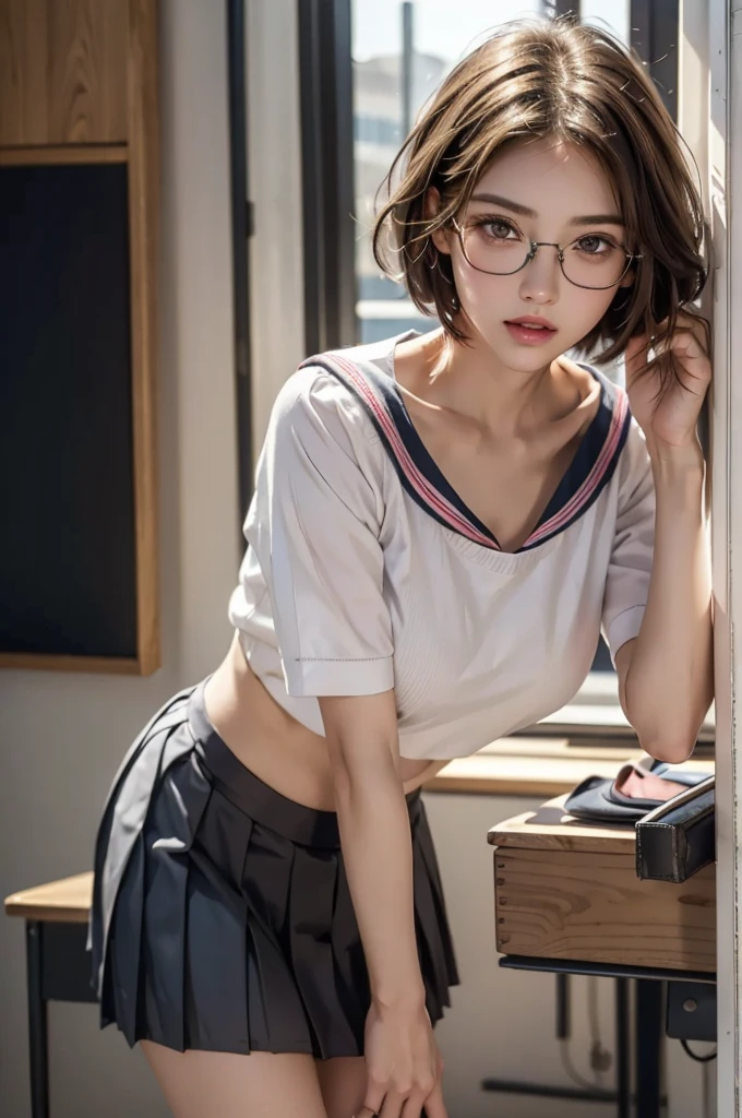 ((Highest quality)), ((Masterpiece)), (details), one woman, cute , school classroom, short hair, glasses, bare chest, Lace panties, sitting on a chair