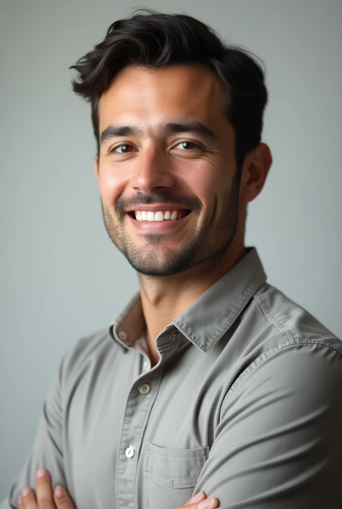 Um homem brasileiro, stopped, SMILING MAN IN WHITE SHIRT, studio photo