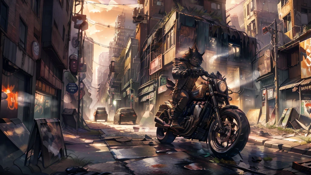 Werewolf, with black fur, with an extremely aggressive expression, goes at full speed on his Harley Davidson, he wears a black leather jacket, black jeans and Texan boots, he goes at full speed along a futuristic route, on both sides of the road you can see neon signs thrown away and wrecked cars, in the background a city destroyed by war with collapsed buildings and smoke rising to a reddish sky at dawn. Post-apocalyptic style landscape. Carl Larsson, Hyperrealism, depth of field, cinematic lighting, retina, masterpiece, anatomically correct, textured skin, super detail, high quality, award winning, 16k