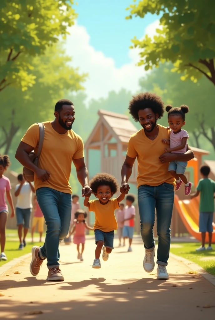 Two black  6 and 9 with their dad aged 38 having fun dad has a beard

