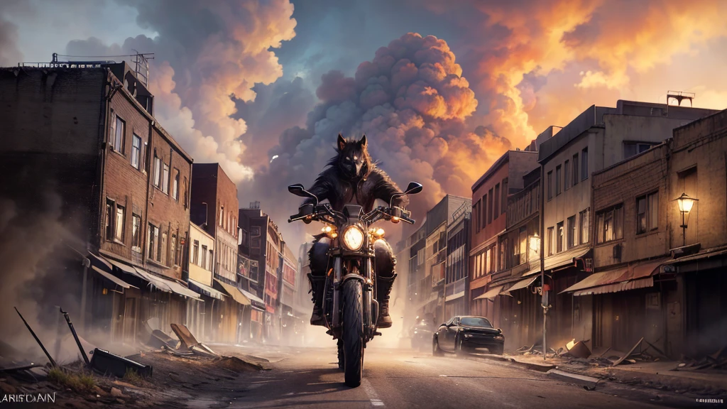 Werewolf, with black fur, with an extremely aggressive expression, goes at full speed on his Harley Davidson, he wears a black leather jacket, black jeans and Texan boots, he goes at full speed along a futuristic route, on both sides of the road you can see neon signs thrown away and wrecked cars, in the background a city destroyed by war with collapsed buildings and smoke rising to a reddish sky at dawn. Post-apocalyptic style landscape. Carl Larsson, Hyperrealism, depth of field, cinematic lighting, retina, masterpiece, anatomically correct, textured skin, super detail, high quality, award winning, 16k