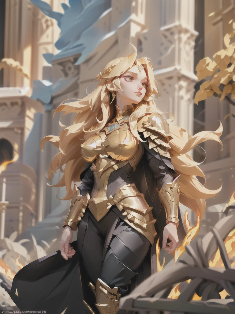 A low-angle shot of a powerful warrior woman with golden hair flowing behind her. She wears black, ornate armor with gold accents that glisten in the light. The blazing fires swirl around her, casting a fiery halo beneath her feet. She stands taller than the gothic arches of a ruined cathedral, her sharp features glowing with inner fire as her eyes lock onto the viewer. Her weapon, adorned with shimmering runes, rests confidently at her side. A flowing cape billows behind her, reflecting the flames, giving the impression of wings of fire as she dominates the battlefield.