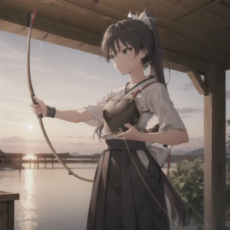 masterpiece, Best Quality, ultra detail ,girl,sunset, ponytail,standing,Small breasts,Short sleeve,,Bow and Arrow,breastplate,target,aiming target,(breastplate), in the same way,Japanese clothing,Japanese Dojo, drawing bow, (Perfect hands,  Perfect Anatomy),long hair,