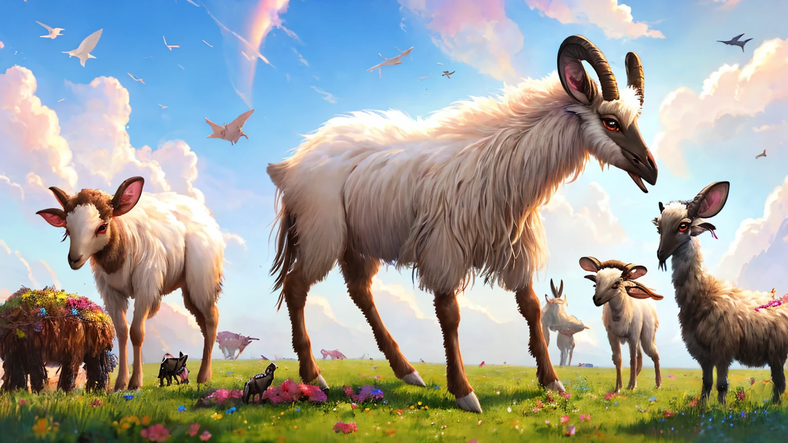 Nomadic Alien Farmer Watches Over Herd Of Bipedal Extraterrestrial Animals, Alien Fauna, Grazing Bipedal Mammals, Animals have Fur and resemble A Goat and an Ostrich hybrid