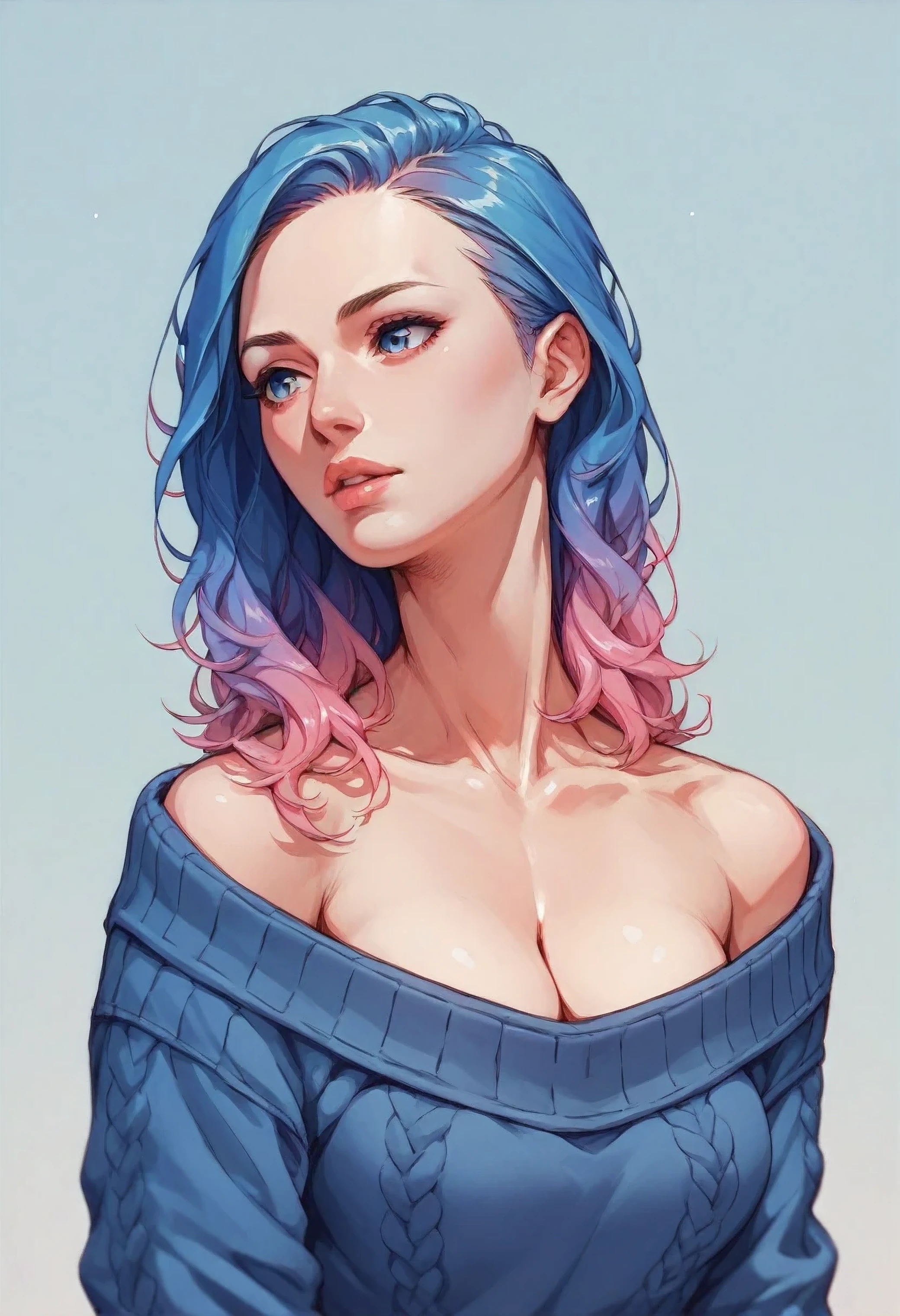 illustrator, Japanese cartoons , actual ,sketch , 1 girl, ,lips, sweater,Order, Blue gradient background, neon hair,textured trim, Canadian, (masterpiece,best quality), cleavage,
