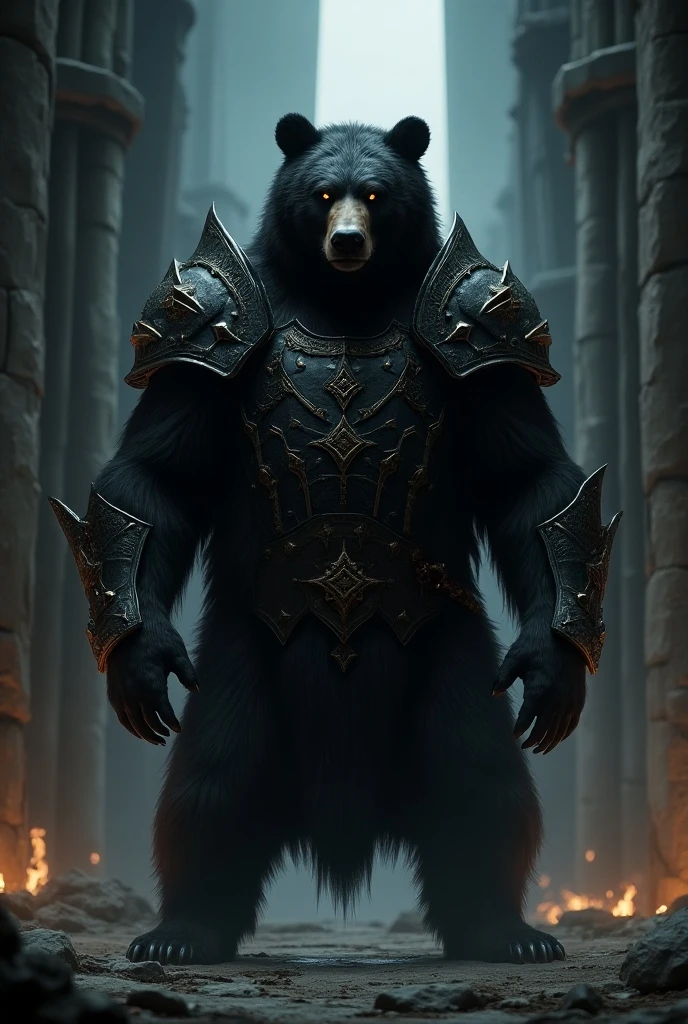 Spiritual grizzly bear legendary black soul armor black background in a castle