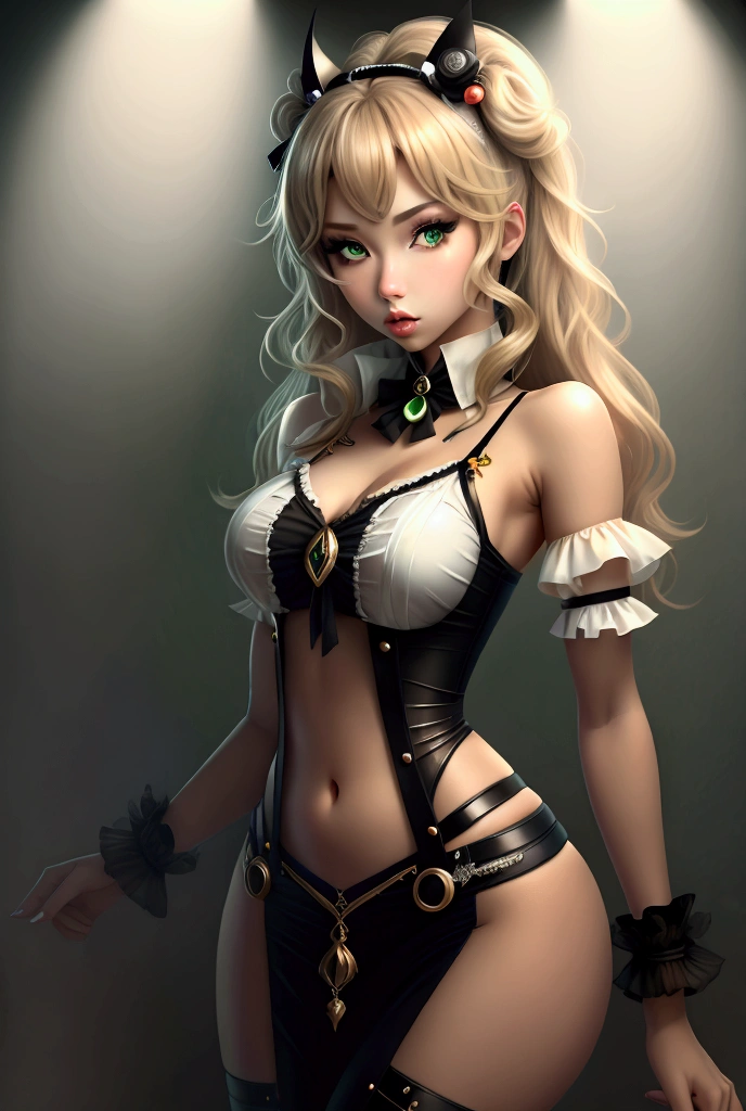 20's woman, slut, gyaru, green eyes, small waist, revealing clothes, immersion, high definition, ultra detail, detailed face, realistic style