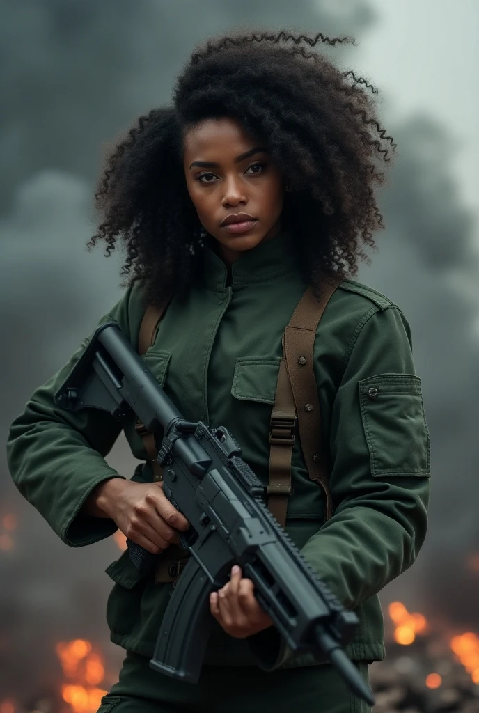 Make a black woman with curly hair holding a rifle wearing a military uniform in a war field