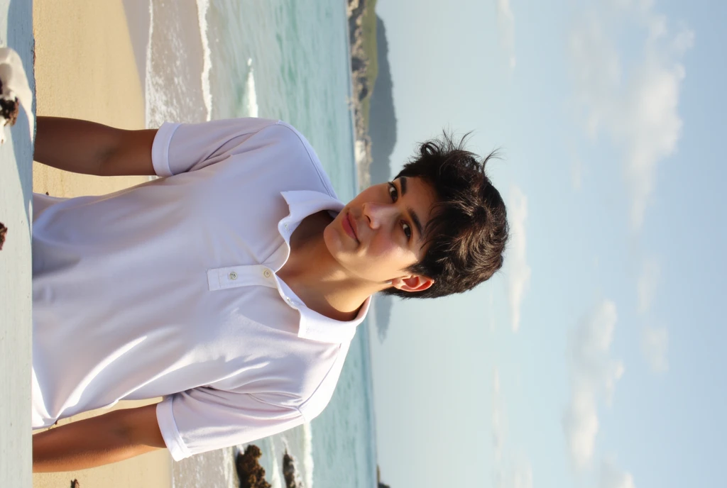 menino 13 anos, cabelo castanho claro. Na frente, por do sol ao fundo