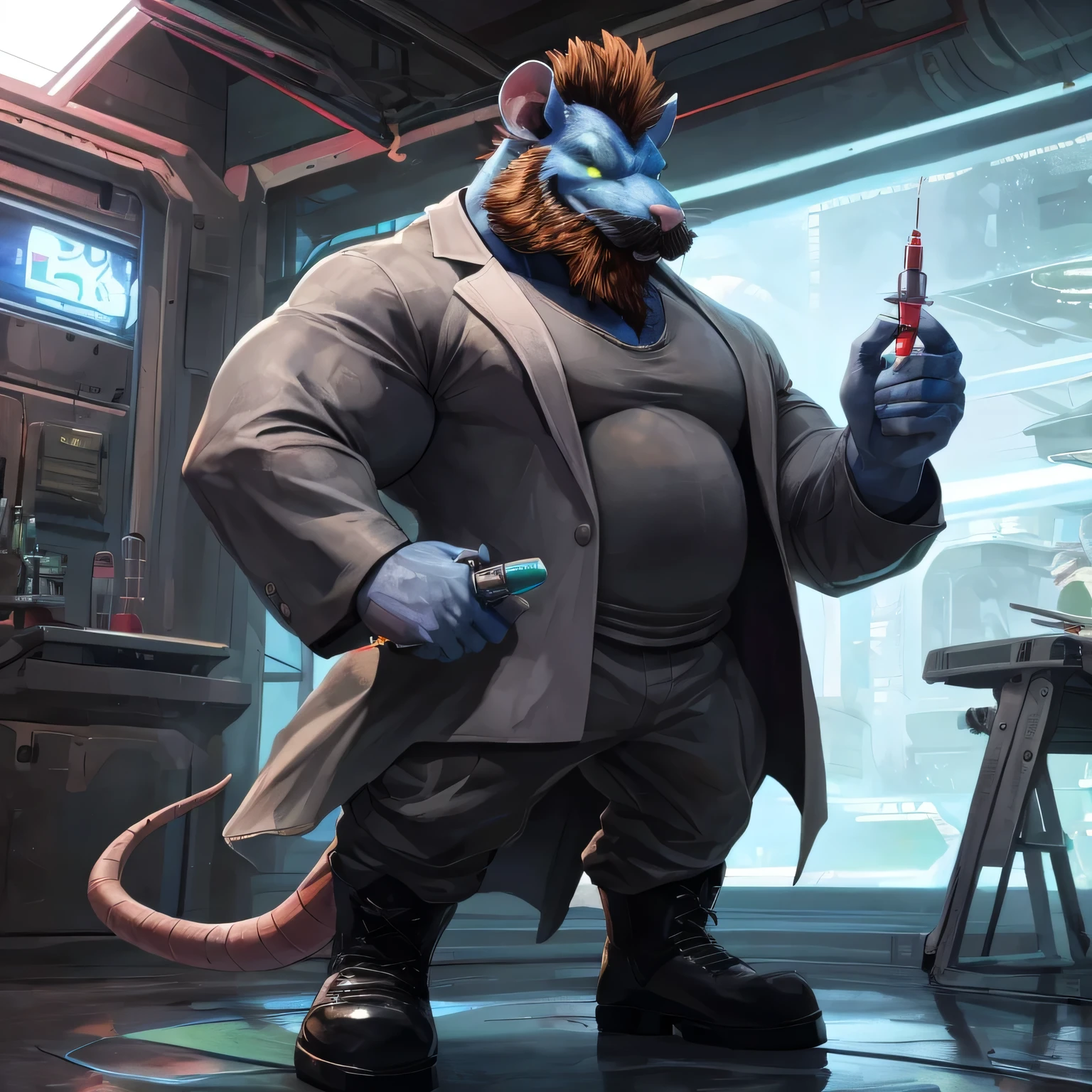 An anthropomorphic badass mad scientist rat (realistic, detailed, american shot, aesthetic physique, aesthetic proportions, 1 meters tall, small, well-built body, brown hair, blue body, rat head (rat head, brown thick full mustache, brown thick trimmed full beard, brown thick mohawk hairstyle, yellow glowing eyes, blue skin, mad) blue skin, wears a grey lab coat, wears a grey T-shirt, wears a futuristic grey armored pant, wears futuristic black boots, holds a syringe in his left hand) standing in a futuristic abandonned lab with a syringe in the hand.