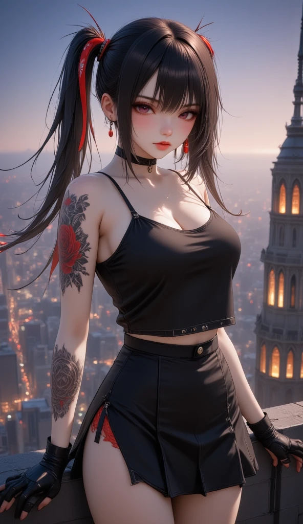 1 girl, cyberpunk , shirt, shirtคลุม, Tattoos , stand, skirt, skirtพลีท,  Skyline of Tall Buildings, nighttime, city, Wide angle view, View from the side, High angle view, background,  Halloween Style, Cyberpunk 