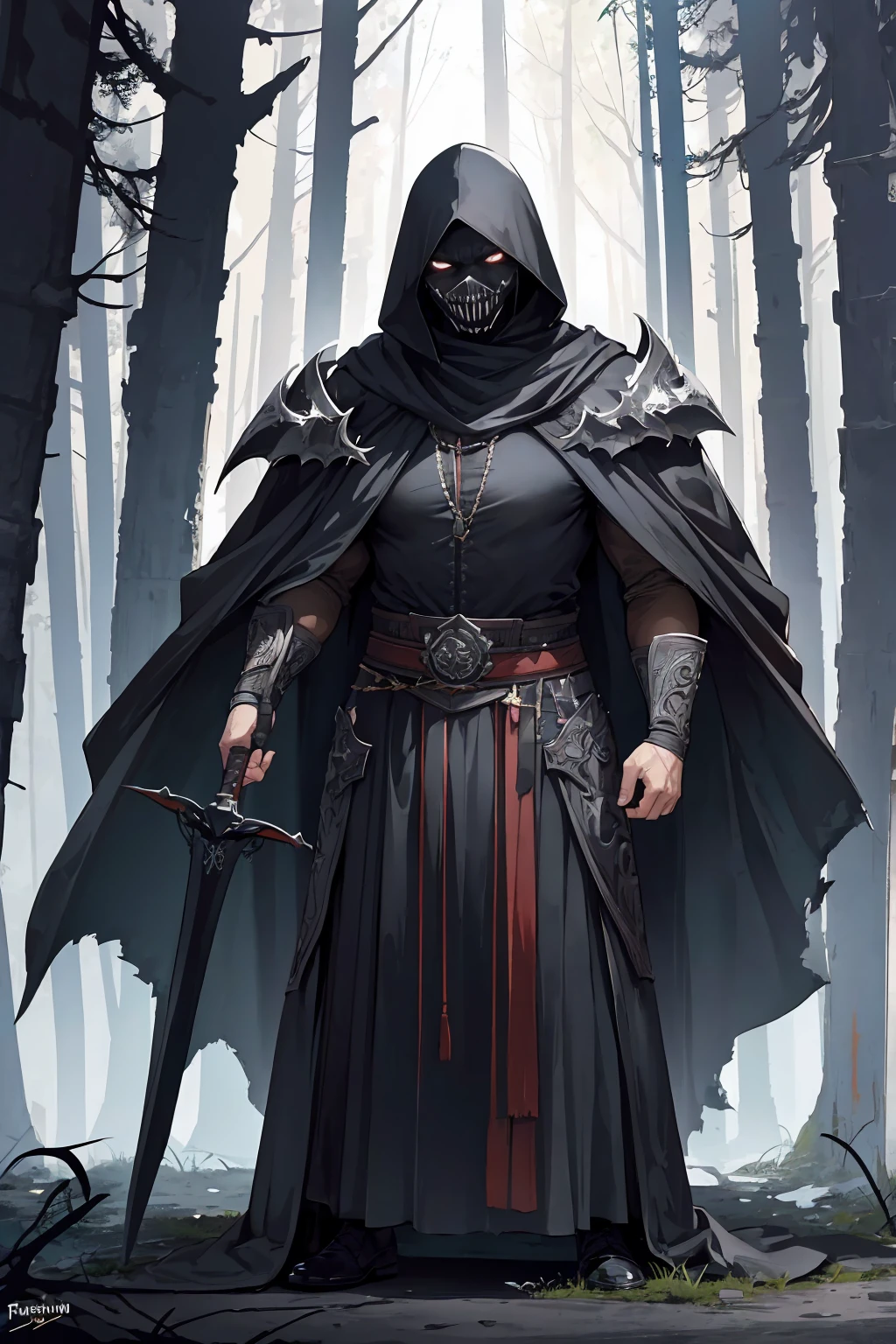 High resolution, Masterpiece, Super detailed, Full body display, Full body angle from head to shoes, Fantasy characters, 1 man, Dirty and rough black hood and cape, Height 195 cm., Weight 75 kg., Holding a sword. Very Big Sword, Black Sword, similar to Diablo style, the lighting in the scene is dark and creepy, (dark forest, scary forest, ancient castle ruins).
