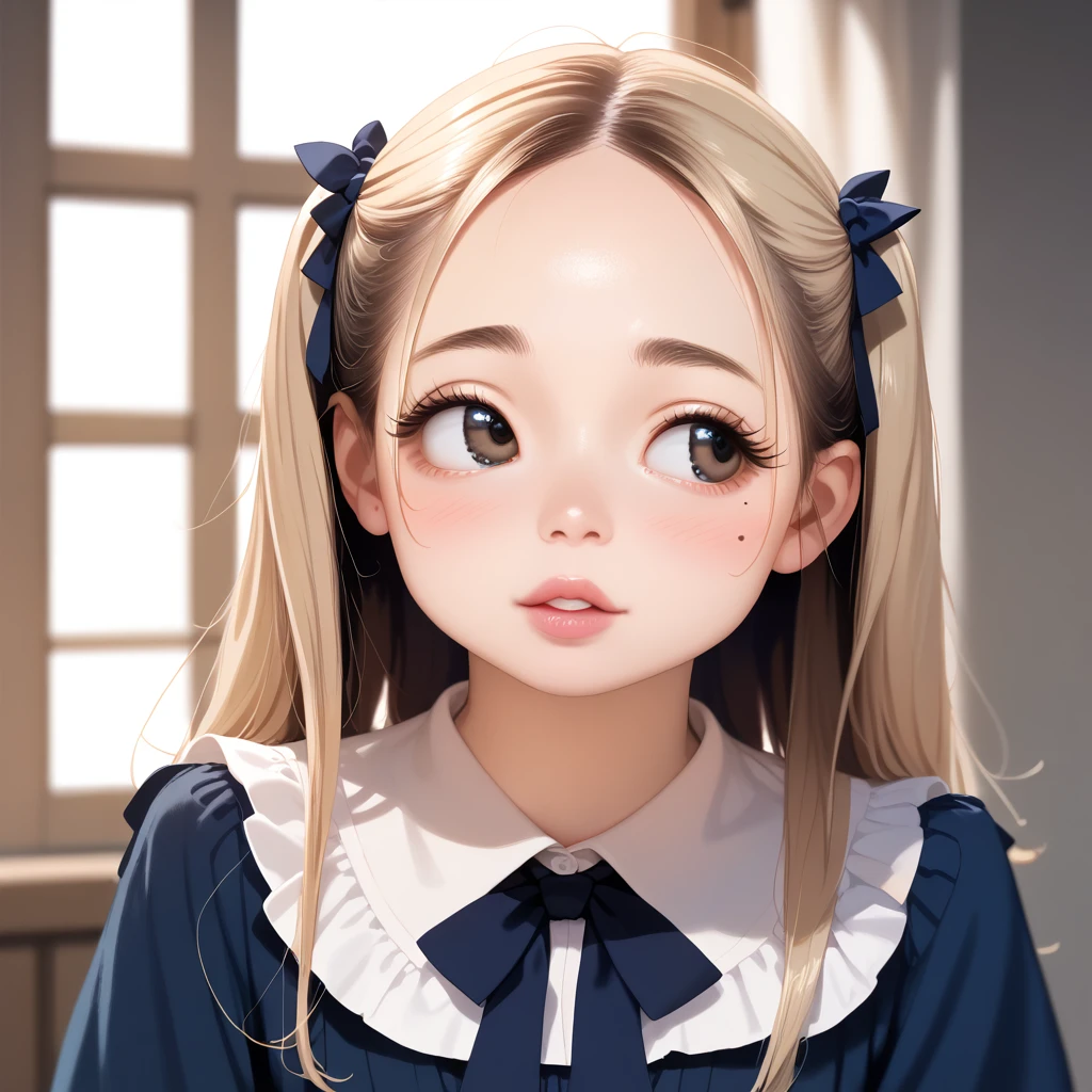 {{masterpiece, best quality, high resolution, perfect anotomy, super fine illustration:1.5, extremely detailed CG, 8k}}, white background,

 1 girl, full body, dynamic pose, looking away, from front,

14_yo, japanese girl, indigo blue hair, long hair, straight hair:1.5, hime cut, silky hair, detailed beautiful hair, wearing jirai kei fashions:1.4, detailed beautiful face and beautiful eyes, oval face, rosy cheeks, navy eyes, longeyes, detailed eyelashes, long eyelashes, lower_eyelashes, no glasses, (no makeup), mole under left eye, wide-set eyebrows, thick lips, ideal ratio body proportions:1.8, 7 heads tall, flat chest, clear skin,