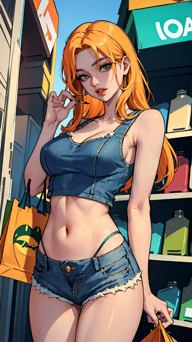 ((by orange)), green eyes,  Half length hair , big bust, (( full lips)), (( masterpiece)), ((DETAILED)), ((tank)), (( open denim shorts)), (( The best quality )), ((shopping outside )),  very big breasts , ((bright)), (beautiful eyes),  looking at the spectator