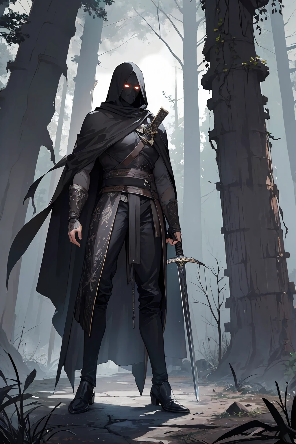 High resolution, Masterpiece, Super detailed, Full body display, Full body angle from head to shoes, Fantasy characters, 1 man, Dirty and rough black hood and cape, Height 195 cm., Weight 75 kg., Holding a sword. Very Big Sword, Black Sword, similar to Diablo style, the lighting in the scene is dark and creepy, (dark forest, scary forest, ancient castle ruins).
