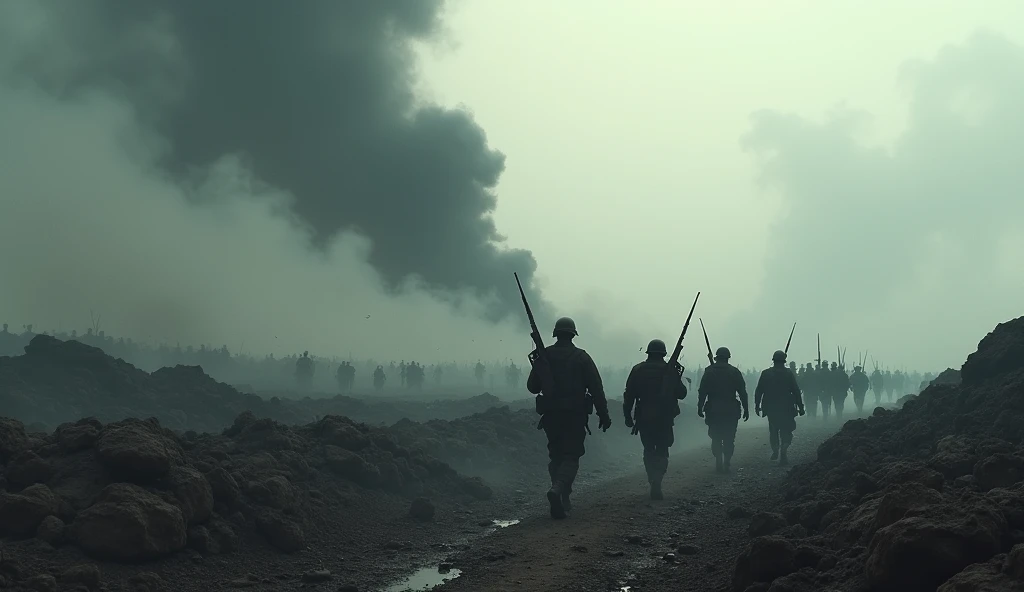 the view of war, many people are running, firing