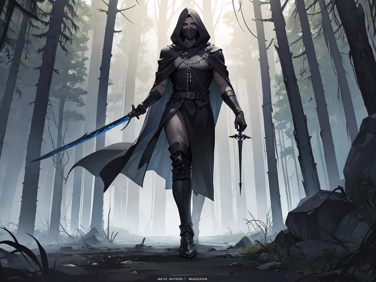 High resolution, Masterpiece, Super detailed, Full body display, Full body angle from head to shoes, Fantasy characters, 1 man, Dirty and rough black hood and cape, Height 195 cm., Weight 75 kg., Holding a sword. Very Big Sword, Black Sword, similar to Diablo style, the lighting in the scene is dark and creepy, (dark forest, scary forest, ancient castle ruins).
