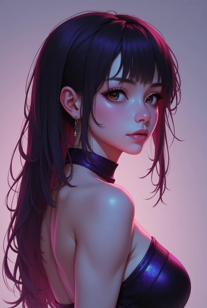 asian high school girl with big black eyes, ulzzang, portrait, (anime), manga, sexy, Latex, 8ｋ,Highest quality,masterpiece, Sharp focus, tight round ass, from behind, standing, thigh highs, slender legs, young japanese girl, cleavage, ((((80’s glam rock makeup on shiny android face)))), anime, 2.5D, Glittery face, moody lighting, (((purples, pinks, and blues))), ((iridescent face)), abstract ai model, pretty, sexy, minimal, sleek, slender, asian, elegant, chic, futuristic, big breasts, cleavage,
