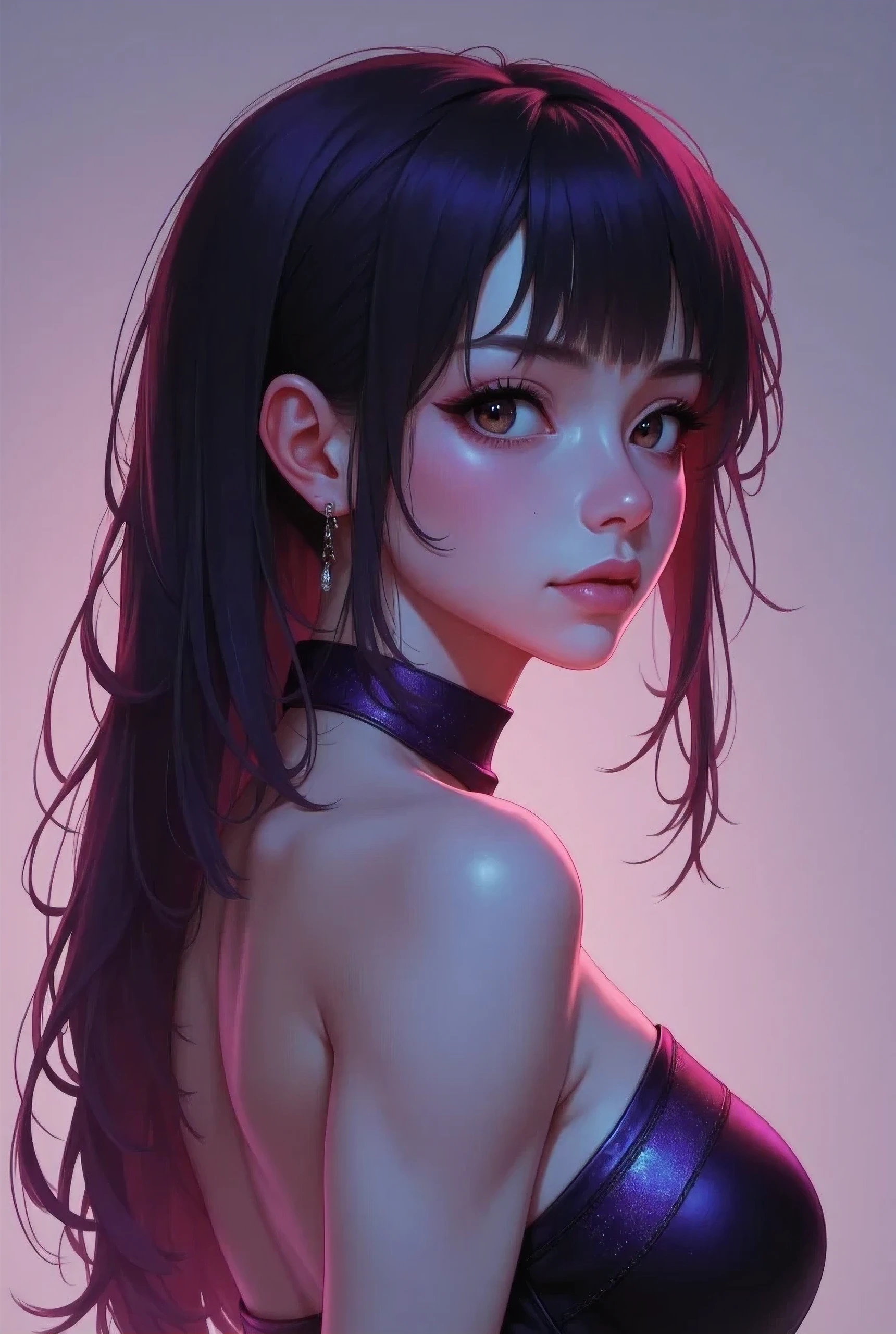 asian high school girl with big black eyes, ulzzang, portrait, (anime), manga, sexy, Latex, 8ｋ,Highest quality,masterpiece, Sharp focus, tight round ass, from behind, standing, thigh highs, slender legs, young japanese girl, cleavage, ((((80’s glam rock makeup on shiny android face)))), anime, 2.5D, Glittery face, moody lighting, (((purples, pinks, and blues))), ((iridescent face)), abstract ai model, pretty, sexy, minimal, sleek, slender, asian, elegant, chic, futuristic, big breasts, cleavage,
