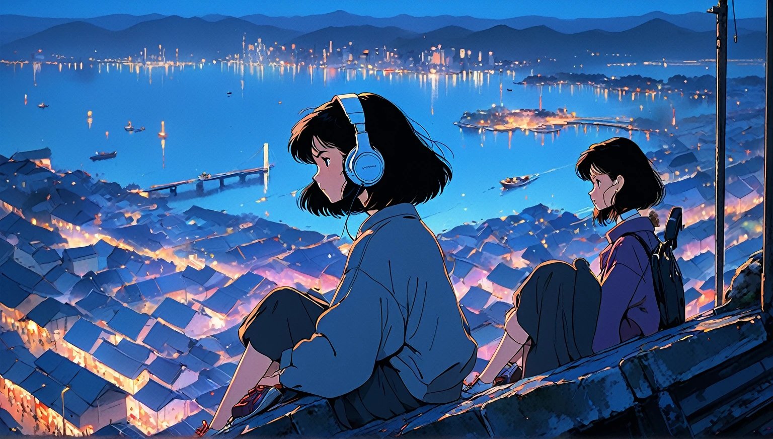 ((Best Quality)),(masterpiece)),(detailed),(Realistic),80s Anime、Wide angle shooting、Long-distance shot、Ghibli style、Lo-fi art style、Nostalgic、Cityscape at dusk、Woman sitting and listening to music、The girl is wearing headphones and has her eyes closed、Beautiful black hair with short hair