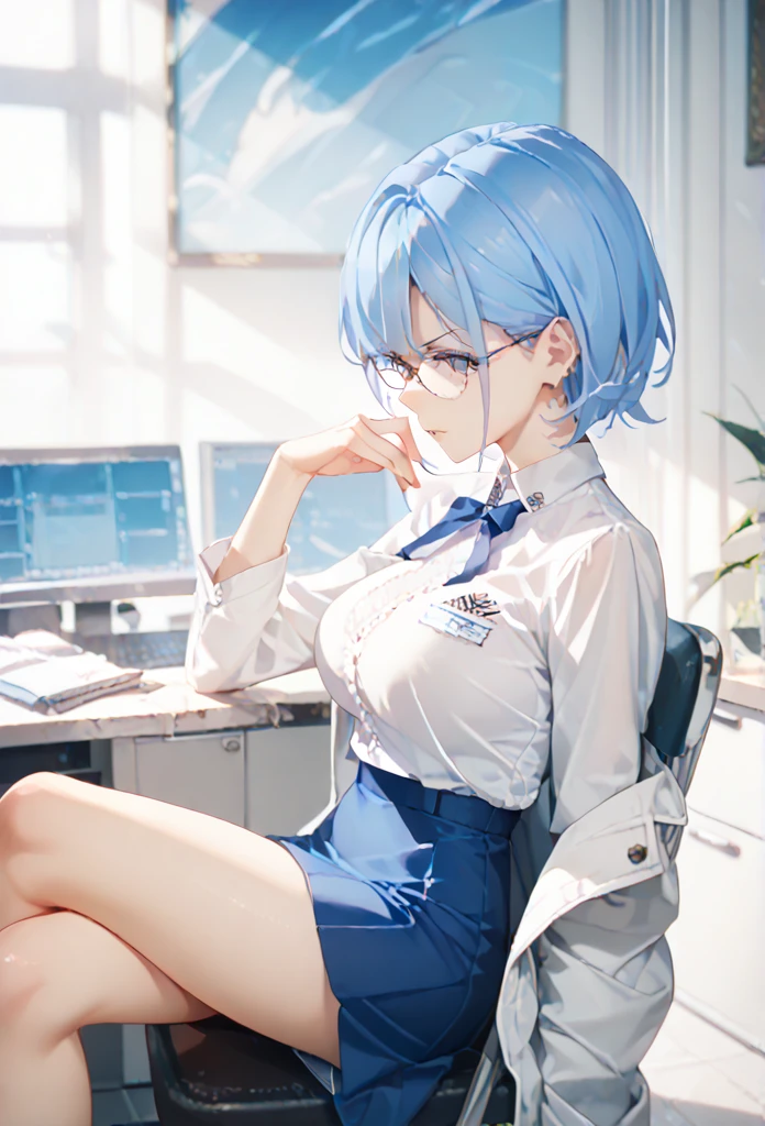 26 years old, 1 woman, medium blue mini skirt, white blouse, white coat, glasses, infirmary teacher, sitting on chair, legs crossed, breasts slightly open, very large breasts, beautiful face, glaring, stern expression, short hair, blue hair, blue eyes, from side, infirmary, high resolution, Illustration, masterpiece, high resolution.look up, Zoom Layer, 