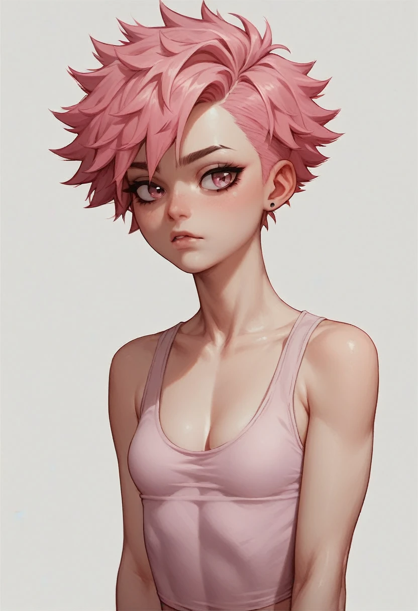 generates a real front image of a teenage Korean girl with short, spiky hair, some pink locks and metal style, small breasts, cleavage, tight pink tanktop
