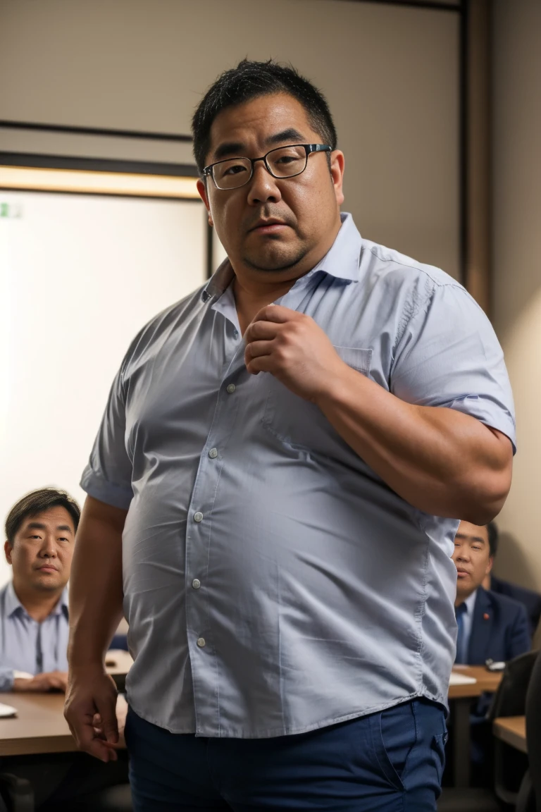 A slightly overweight 30-year-old Japanese man., A Japanese man wearing a white business shirt is standing, Grey Pants, Medium length hair, Natural Hair, He is looking at the audience, Round face:2, Thick thighs, Mouth details, At the office at night, Coffee Break, Super detailed,  anatomically accurate, This photo was taken with a medium telephoto lens, Dark warehouse at night, Green, She is wearing a silver ring on the ring finger of her left hand.., He has his mouth slightly open, Orgasm Face, Erotic Humiliation, Glasses, 