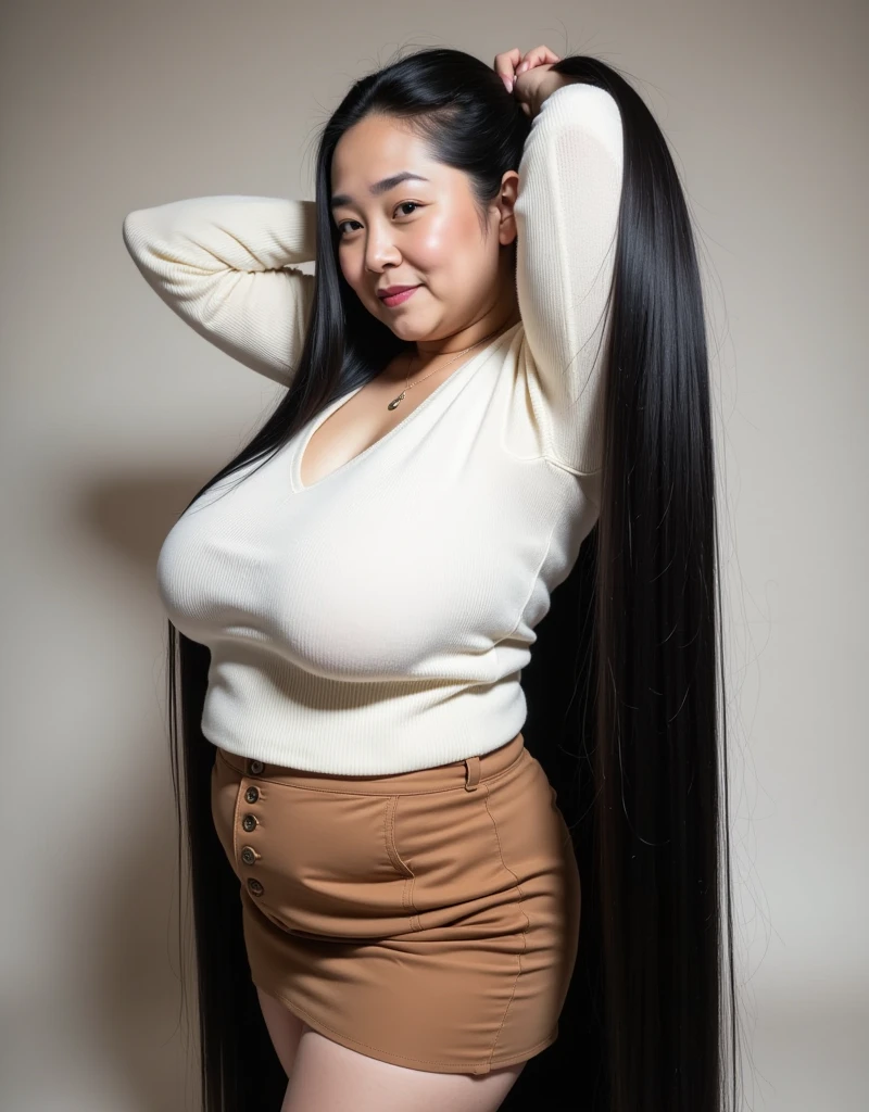 8k,Highest quality, masterpiece, Ultra-high resolution,(masterpiece:1.6, Highest quality), Intricate details, 1 female, full body, arched back, arms behind head, top of head, Middle-aged woman in her 50s,Japanese, ((Absurdly Long hair:1.5)),(jet Black Hair), (forehead:1.5), (Extremely obese:1.2), (Fat face:1.2), (round face:1.2), (Saggy face:1.2), crow's feet wrinkies, saggy body, ((Super huge breasts:1.8)), ((super Saggy breasts:1.8)), ((cleavage:1.4)),((Abnormally long, beautiful black hair that reaches down to her heels:1.5)), ((Her excessively long black hair reaches the ground:1.5)), pale skin, shiny skin,White Sweater,Brown skirt,A mature woman curls up her ridiculously long, glossy black hair while bending her body backwards in front of the camera 、途方もなく長い艶やかな黒髪をかきあげている