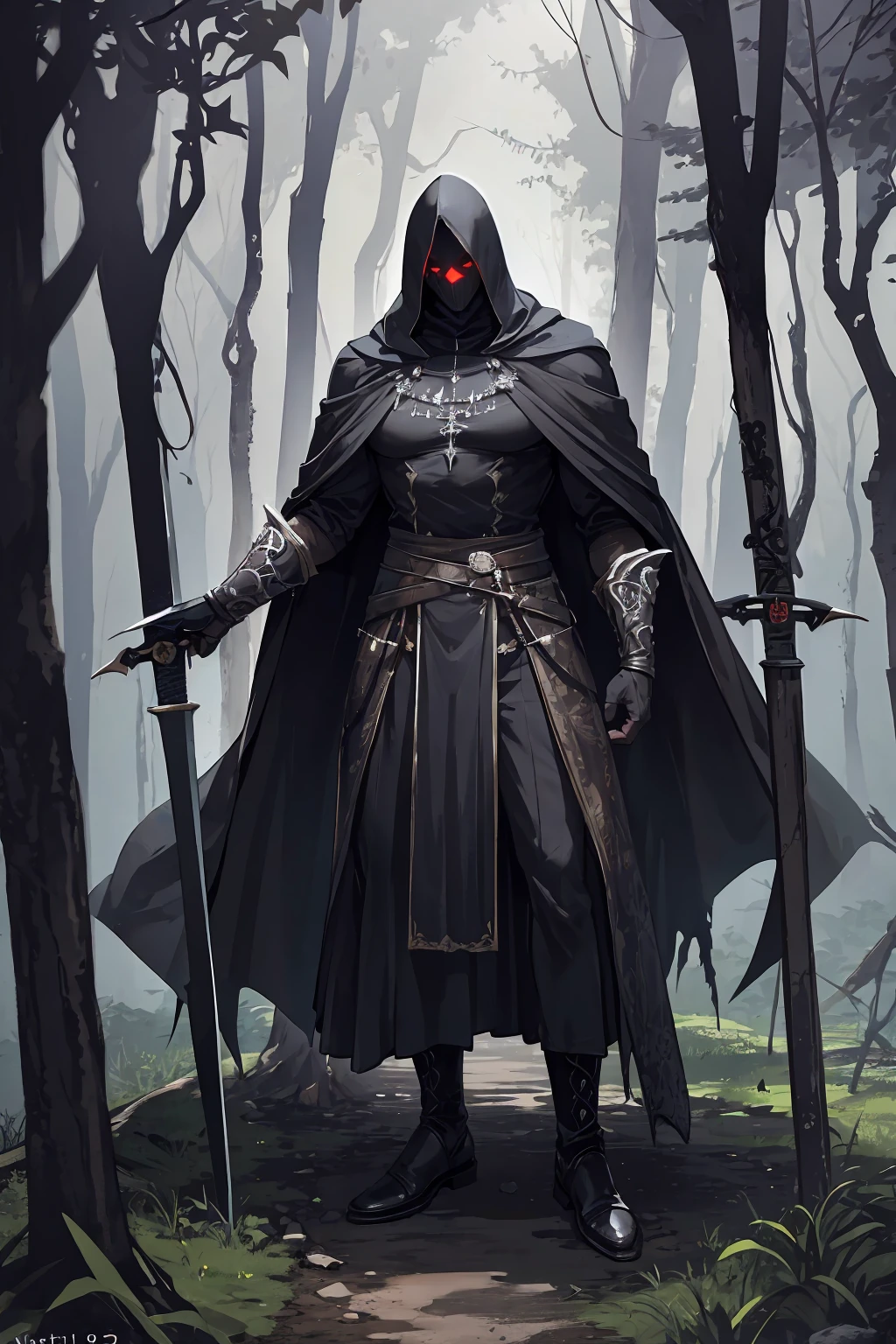 High resolution, Masterpiece, Super detailed, Full body display, Full body angle from head to shoes, Fantasy characters, 1 man, Dirty and rough black hood and cape, Height 195 cm., Weight 75 kg., Holding a sword. Very Big Sword, Black Sword, similar to Diablo style, the lighting in the scene is dark and creepy, (dark forest, scary forest, ancient castle ruins).