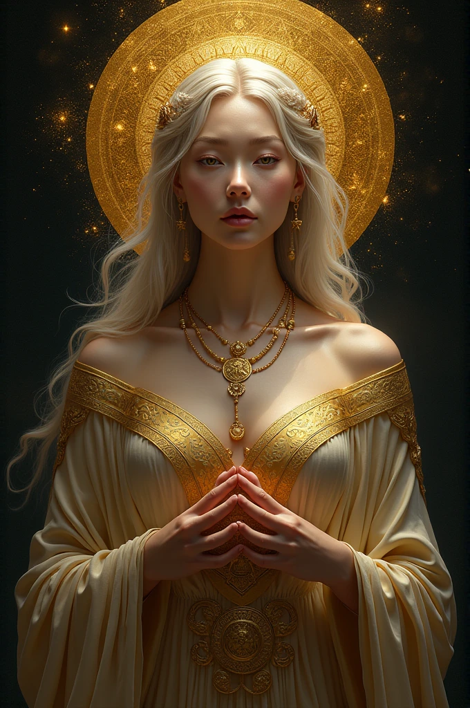 A regal and divine figure stands with closed eyes, emanating an aura of serene power and grace. She is adorned with a magnificent, ornate crown that resembles golden, sun-like rays extending outward, framing her head in a halo of divine light. The intricate details of the crown are echoed in the delicate, gold filigree tattoos that adorn her pale, flawless skin, weaving across her shoulders and chest with elegant, flowing patterns. The background is a deep, cosmic teal, flecked with stars and celestial motifs, further enhancing the ethereal quality of the scene. The radiant golden light from behind her adds a sense of divinity and otherworldly beauty, making her appear as a celestial goddess or a queen of the heavens.
BREAK
((best quality:1.6)), ((high quality:1.5)), ((high details:1.5)), ((super detail:1.5)), ((masterpiece:1.6)), ((UHD:1.5)), ((8K:1.6)), ((highres:1.5)), ((dramatic lighting)), ((celestial glow)), ((ethereal beauty))
BREAK
by Alphonse Mucha, Greg Rutkowski, Artgerm, Michael Parkes | ((fantasy art)), ((celestial goddess)), ((divine light))
BREAK
((best quality:1.6)), ((high quality:1.5)), ((high details:1.5)), ((super detail:1.5)), ((masterpiece:1.6)), ((UHD:1.5)), ((8K:1.6)), ((highres:1.5)), ((cosmic lighting)), ((surreal landscape)), ((ethereal beauty))
BREAK
by Salvador Dalí, Greg Rutkowski, Artgerm, Jean Giraud | ((surrealism)), ((cosmic art)), ((fantasy landscape))