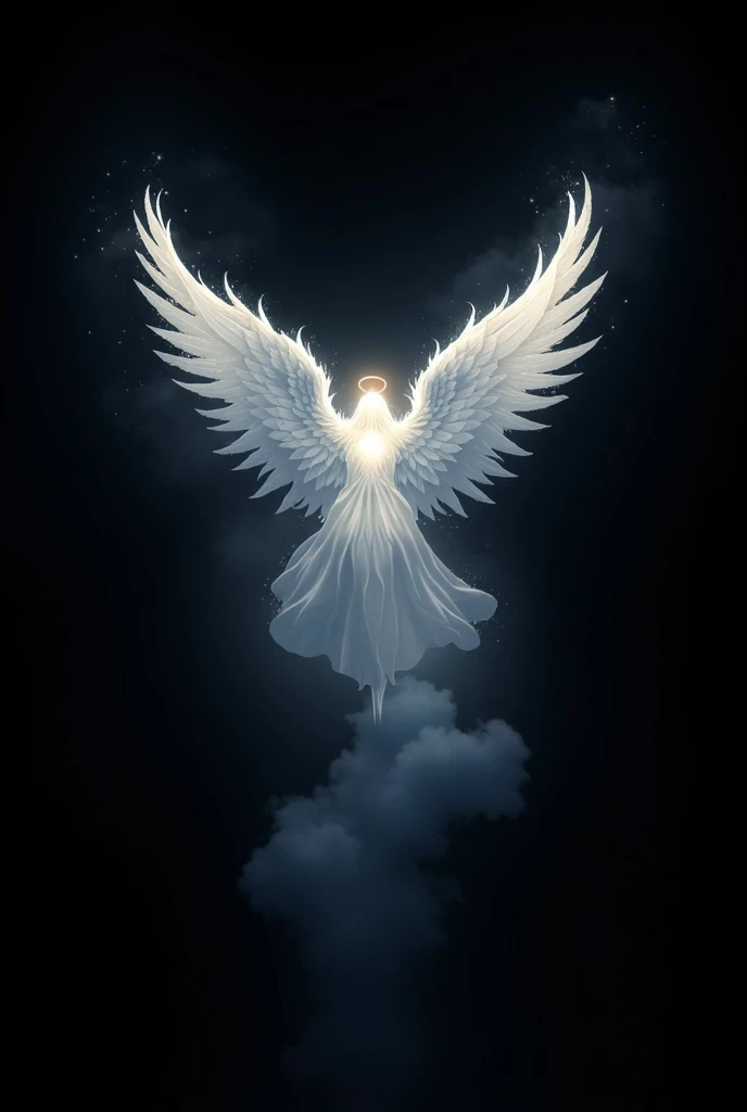 Grayscale and baby blue image of a back with wings ascending to the sky and a white mourning ribbon with text "Angel Daniel"