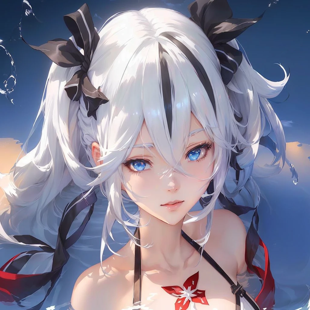 1 adult woman, Tomoe Gozen (Saber)(Fate Grand Order), white skin, beautiful body, 2 human hands, five fingers, platinum blonde high long pony tail, competitive swimsuit, have a Japanese sword, fighting phose, summer seaside beach, on the beach, afternoon, beautiful sky, Masterpiece, UHD