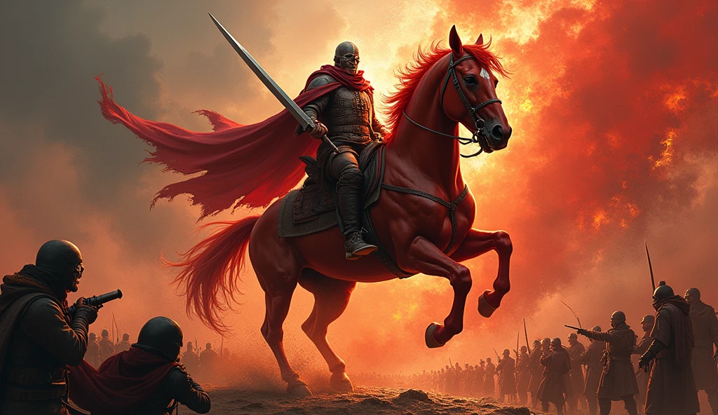 create the horseman of the apocalypse who represents war, riding a red horse.
