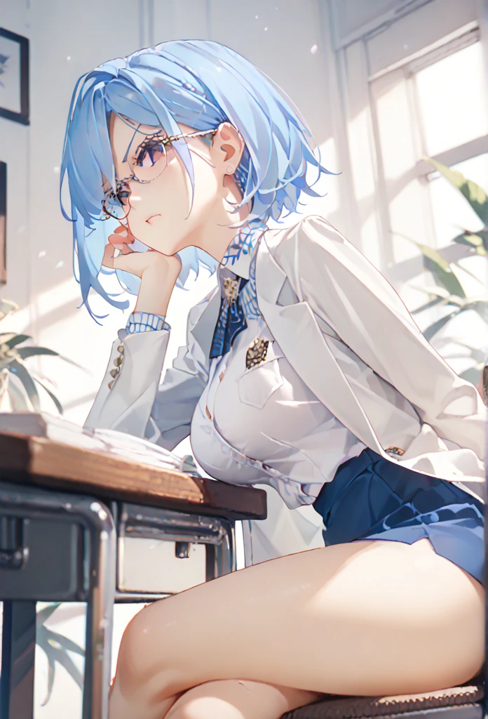 26 years old, 1 woman, medium blue mini skirt, white blouse, white coat, glasses, infirmary teacher, sitting on chair, legs crossed, breasts slightly open, very large breasts, beautiful face, glaring, stern expression, short hair, blue hair, blue eyes, from side, infirmary, high resolution, Illustration, masterpiece, high resolution.look up, Rear view, 