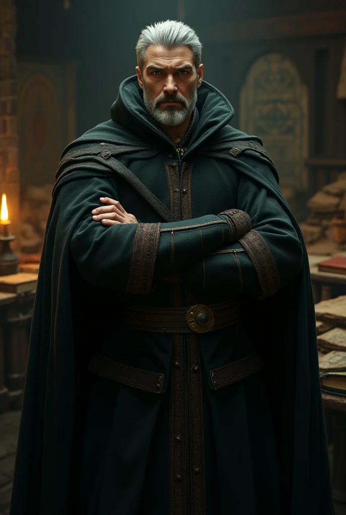 the large  dark brown cape draps around his shulder and fall over his chest