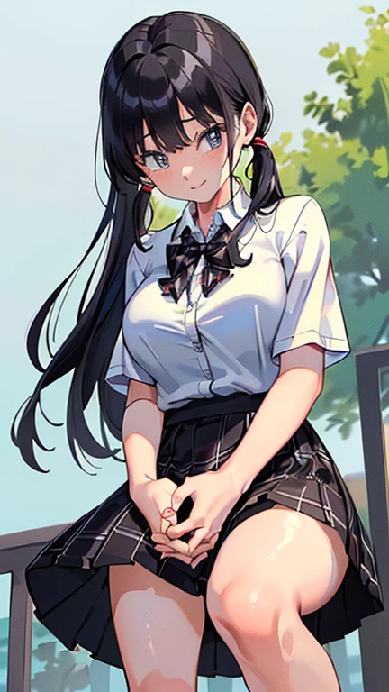 Masterpiece, best quality, school uniform, Tazune Rirei, blush, smile, looking up, embarrassed, white shirt, short sleeves, day, park, sitting on green grass, perfect lighting, realistic white panties, twin braid hair, pantyshot, spread legs, crotch seam, Cameltoe, navel, wet, loli, no skirt