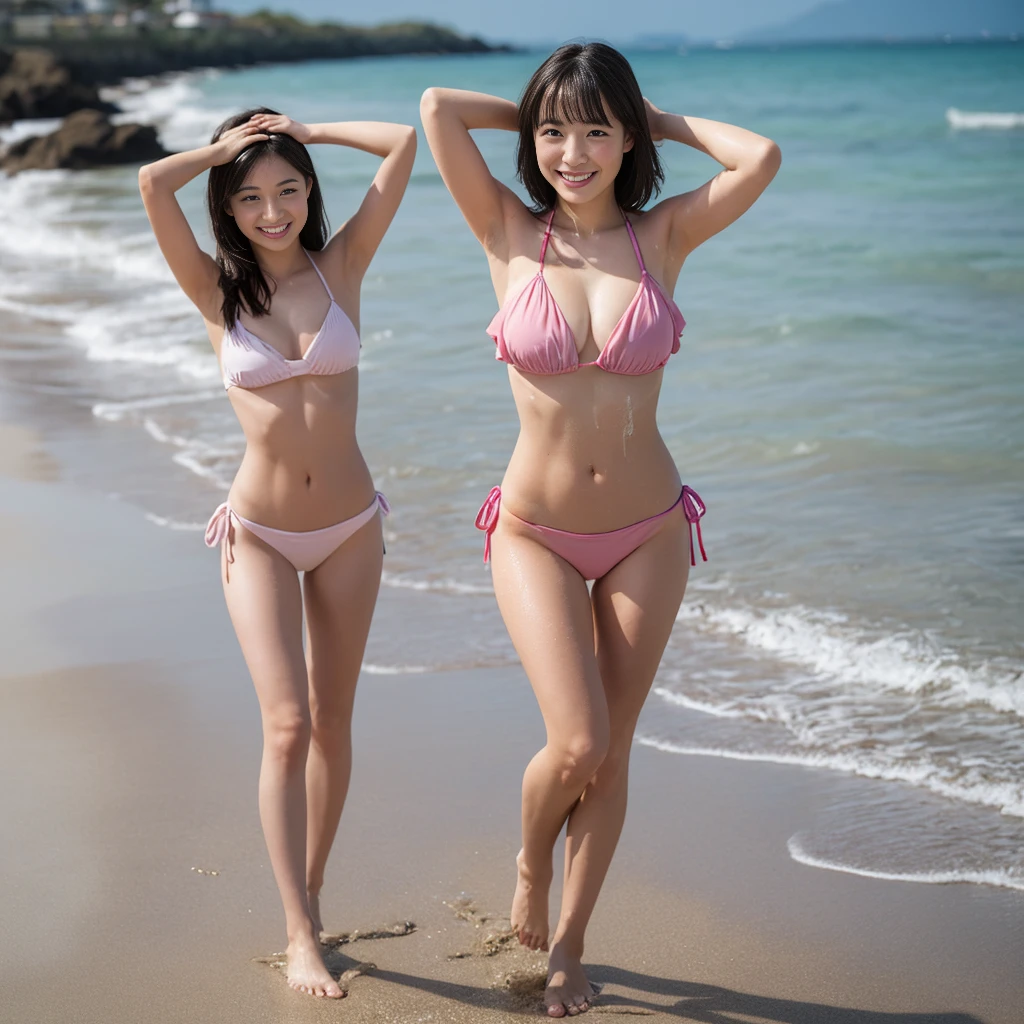 8k, RAW photo, best quality, masterpiece, realistic, photo-realistic, clear, professional lighting, beautiful face, best quality, ultra high res, Two girls standing with their arms around each other's shoulders, full body, radiant smiles, bikini, midium bretht, midium hair, beautiful and fantastic beach