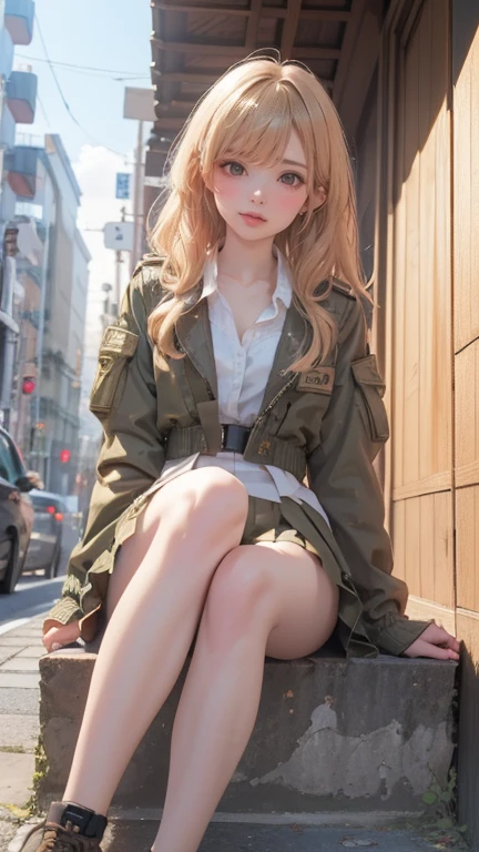 military complex,ukrainian girl , Ukrainian anime girls , , Ukraine , Full body composition of young girl with messy bright blonde hair, eye make up, 13 year old, Soft lighting, Solo,, badges, Pose, Blotch color, Octane Render, Hyperrealistic intricate detail, Cinematic, 8K resolution, 70mm, Accent Lighting, Global Illumination, Full body portrait, clean detailed faces, poneyTail,Cute face,, Slim legs,In military beds,Happy,Wearing white underwear,