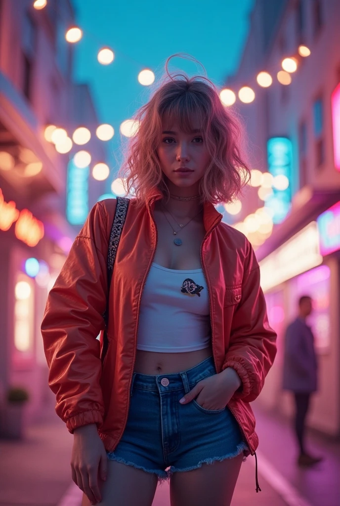 A woman of european descent stands in the center with short pink hair. she is located in a neon light underground tunnel and a pink and blue color theme night bar room. her clothes are cool,casual and British - With her hair partially falling around her face,his pose exudes a sense of freedom and joy,set against the dusty,dark and foggy industrial neon night bar,((neon light)),