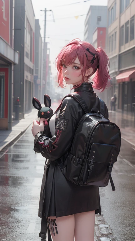 pink dress, skirt pulled up, backpack on back, When she turns around, blue colored eyes, blush: 1.3, angry face: 1.2, ruffled underwear, cherry trees, background blur,