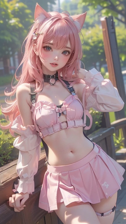 ((masterpiece,  Best Quality , (4K、Top)、(Best Quality、【((1 female)),pretty girl、sides up、「harness」、Navel exposed、mini skirt、cat ears、Small chest、complacent、 Pink hair 、pink lips、slim figure、 1 girl 、
