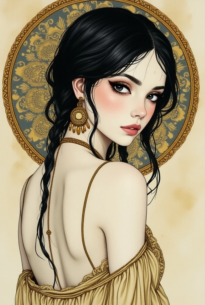 bartending,vintagestyle,Big black wavy curls,short detailed hair,religion,tiara crown,A queen,Redlip,bust,Virgin,Mucha,raffael。
