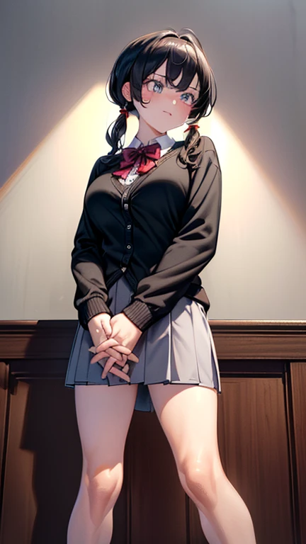 masutepiece、Ultra-high definition animation quality、8K、school classrooms、25-years old、femele、beautiful countenance、Big eyes、delicated face、brown haired、short-hair、straight haired、Red Short Blazer、Red and green pleated mini skirt、skirt rift、Red Long Boots、large full breasts、Big buttocks、Bend your knees and open your legs wide、Exposed、Perfect limbs、embarassed expression、Sexy figure