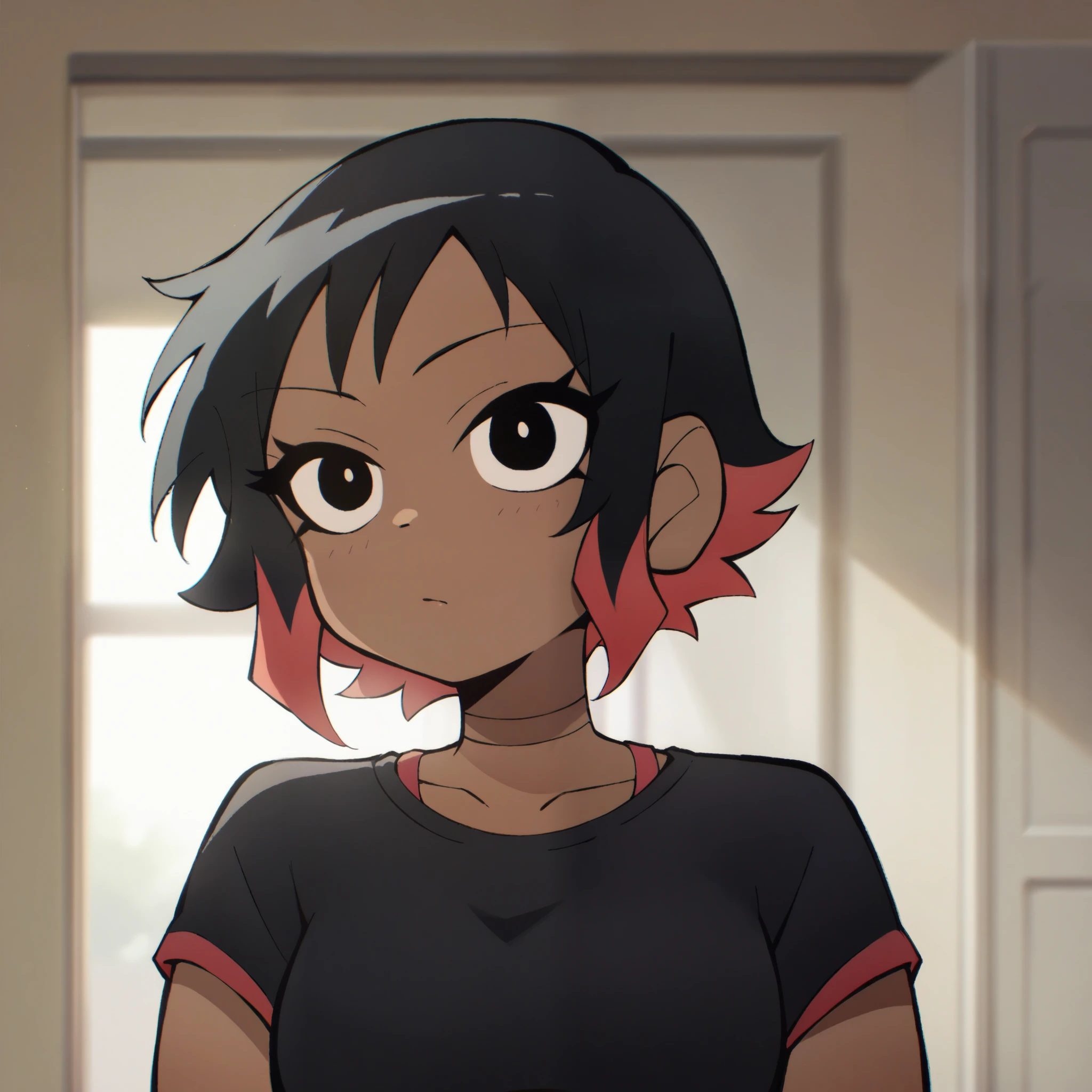 girl, short hair,  black hair with red highlights, brown skin, wearing a black shirt