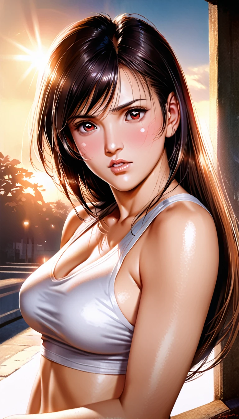 tifa, realistic, Girl alone, ojos morados, bright eyes, , chapped lips, blush, Evening,sexy, almost naked